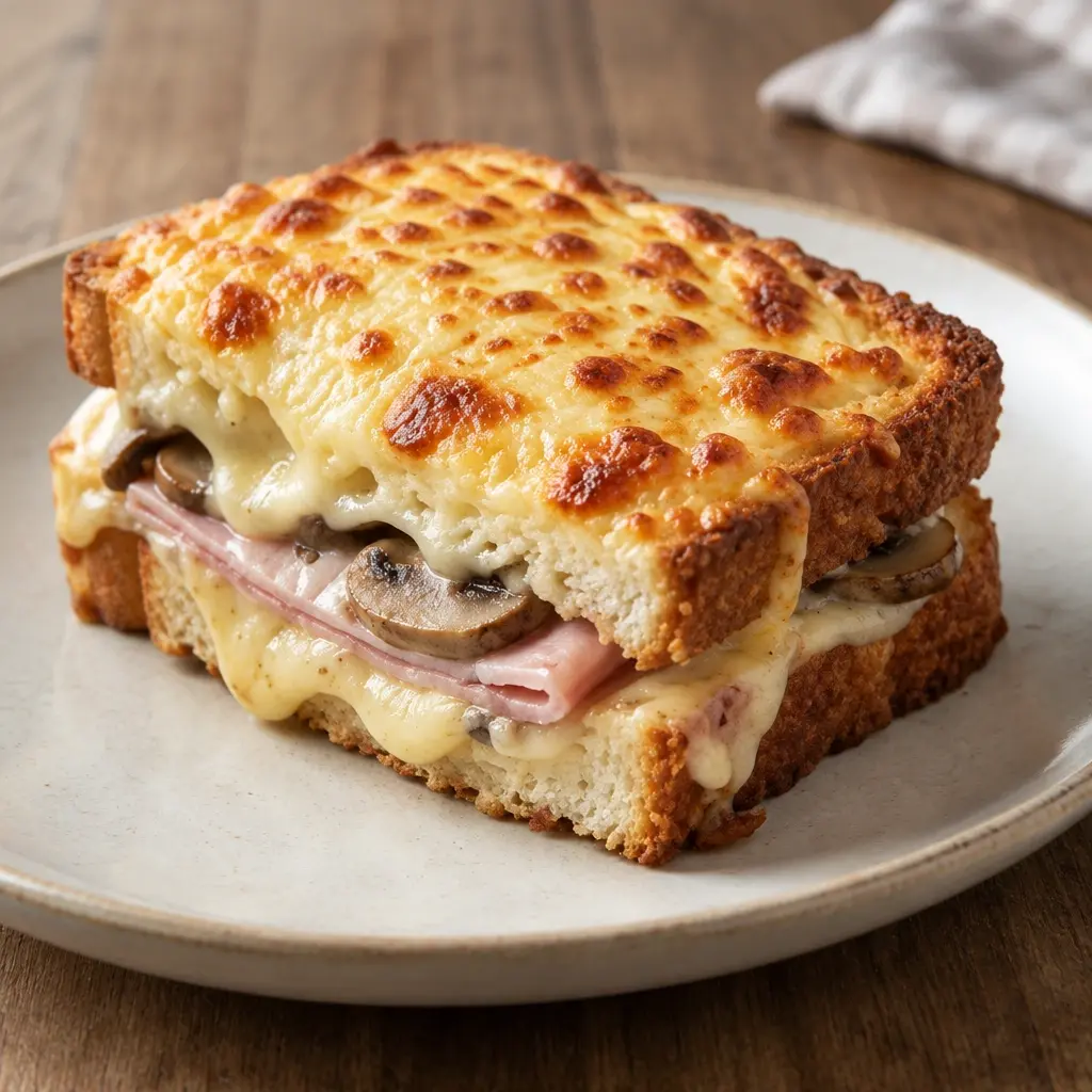 Croque-monsieur aux champignons et au comté, gratiné