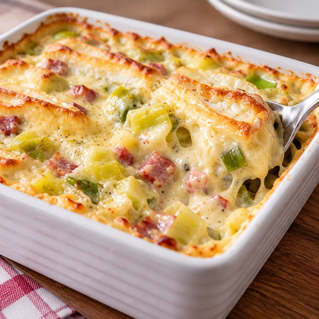 Gratin crémeux de poireaux, lardons et camembert