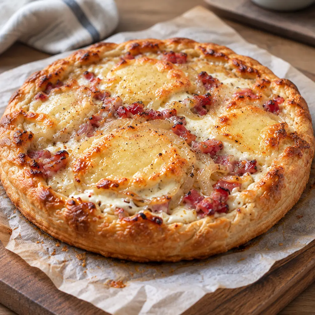 Tarte rustique aux lardons et aux oignons, dorée et fondante