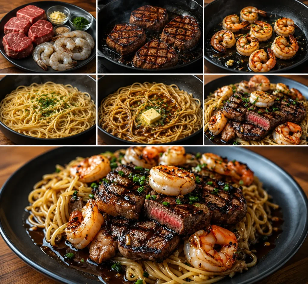 Steak & Crevettes sur Spaghettis à l'Ail et au Beurre