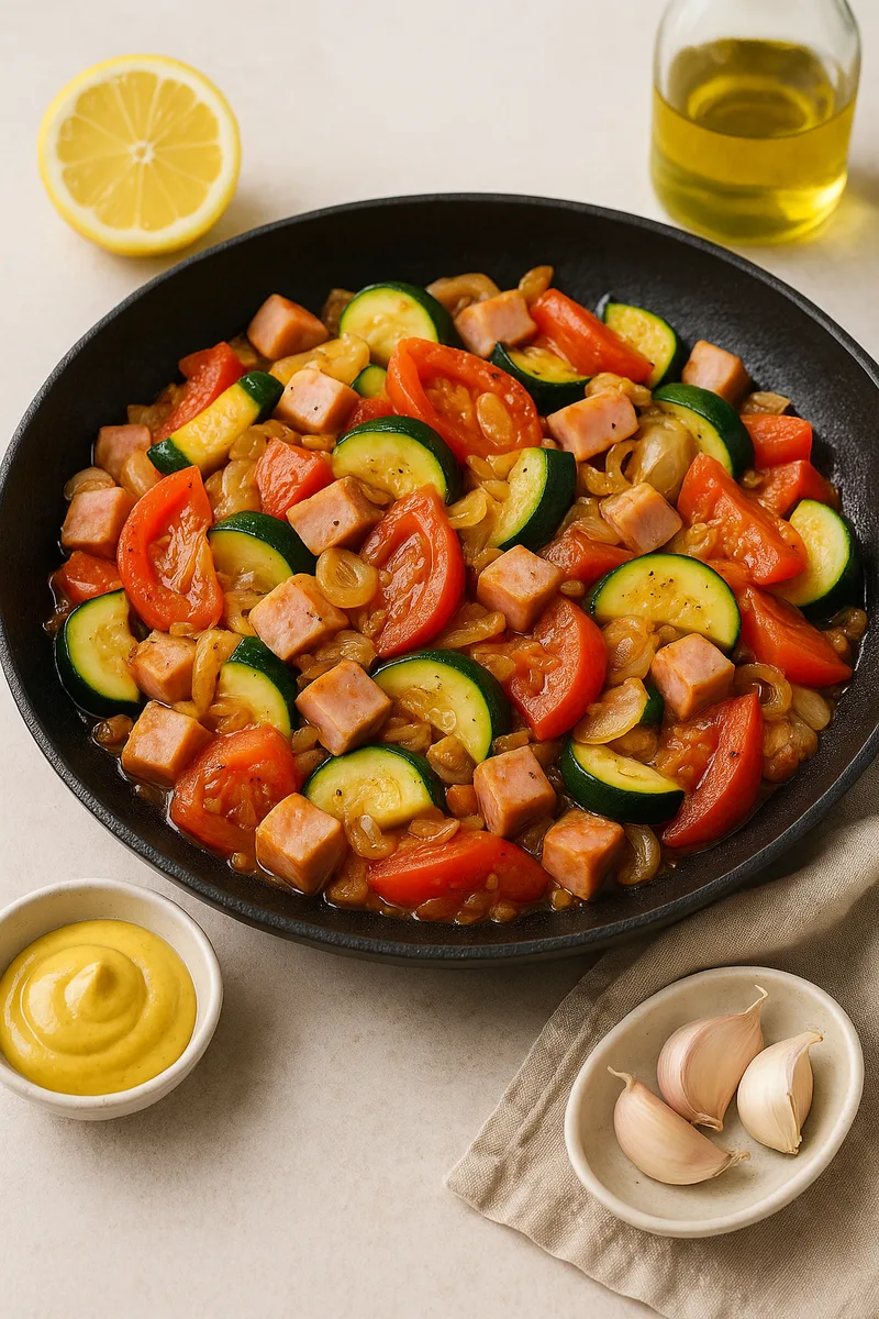 Poêlée de jambon, courgette et tomate à la plancha