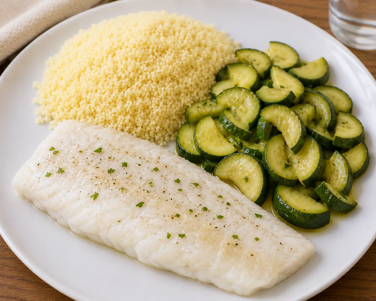 Filet de colin vapeur, semoule fine et courgettes fondantes