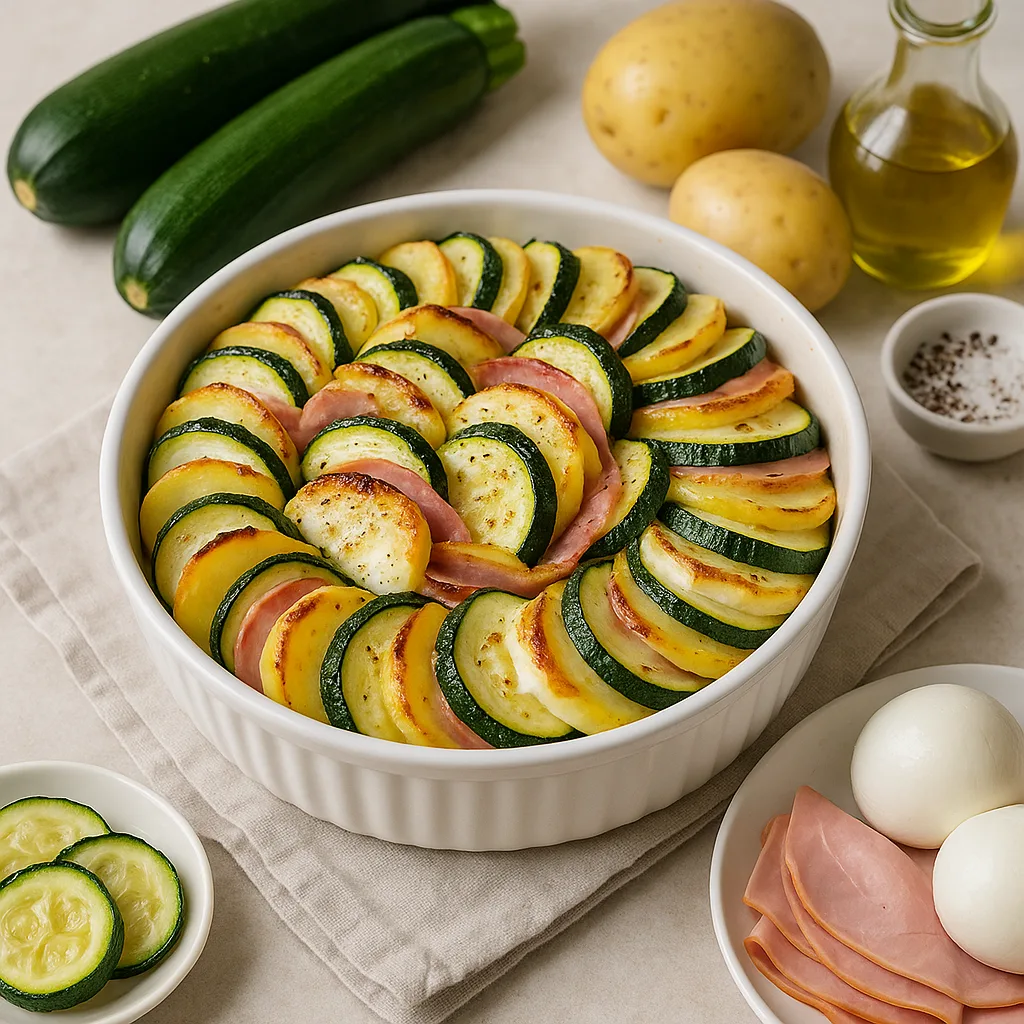 Tian de courgettes, pomme de terre, jambon et mozza