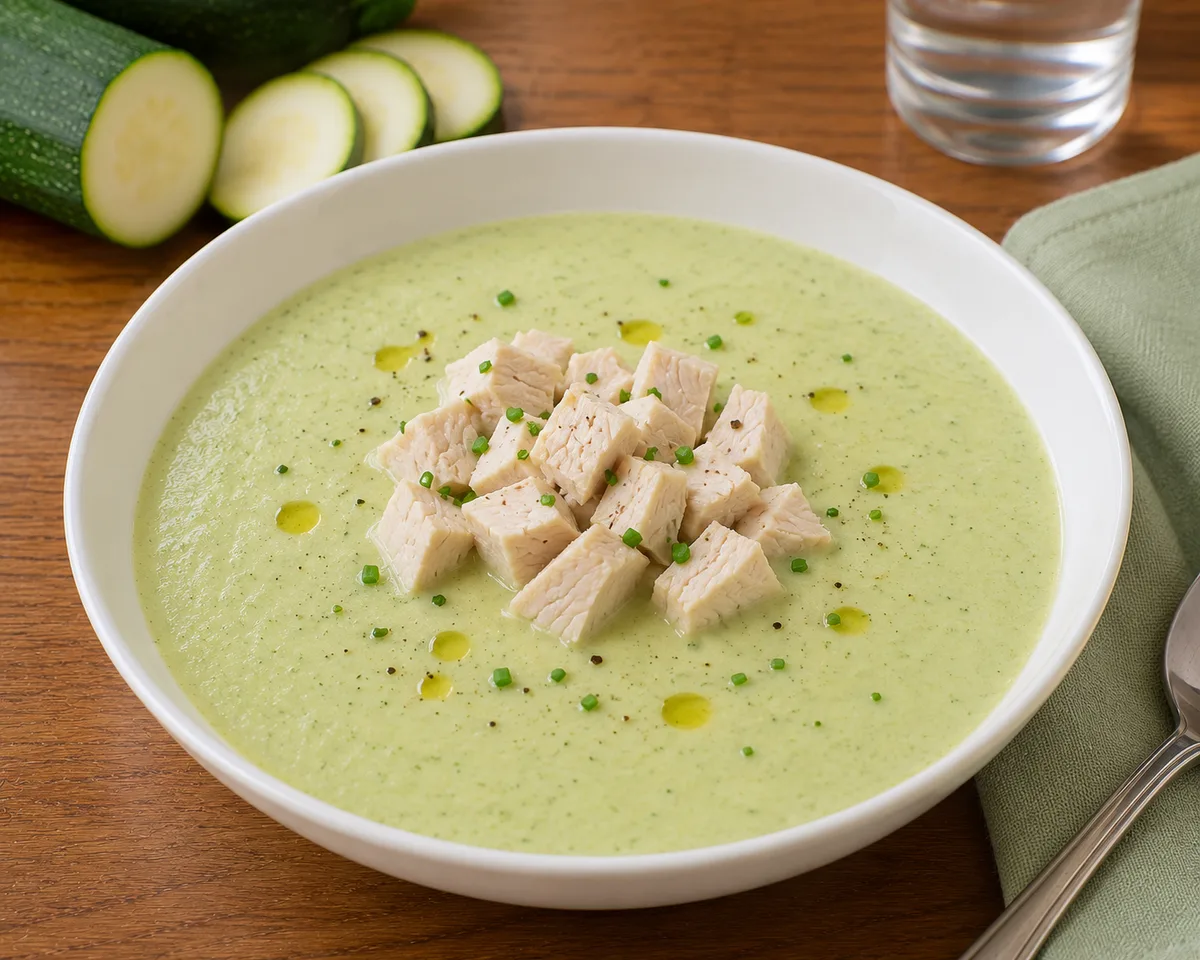 Velouté froid de courgette, dés de poulet froid