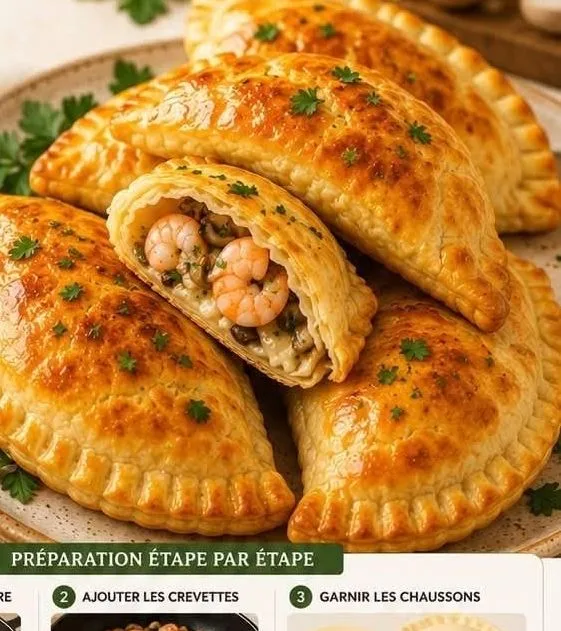 Chaussons aux crevettes, champignons & Comté