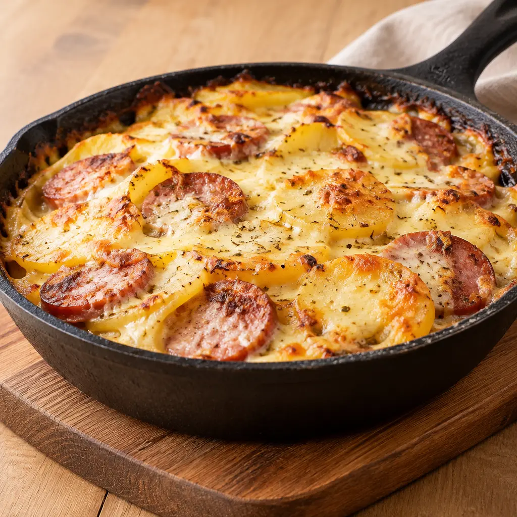 Gratin de pommes de terre au saucisson, crémeux et doré