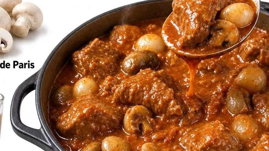 Épaule de veau braisée aux champignons et oignons grelots