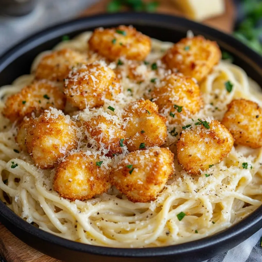 Bouchées de poulet à l'ail doré sur des pâtes crémeuses au parmesan