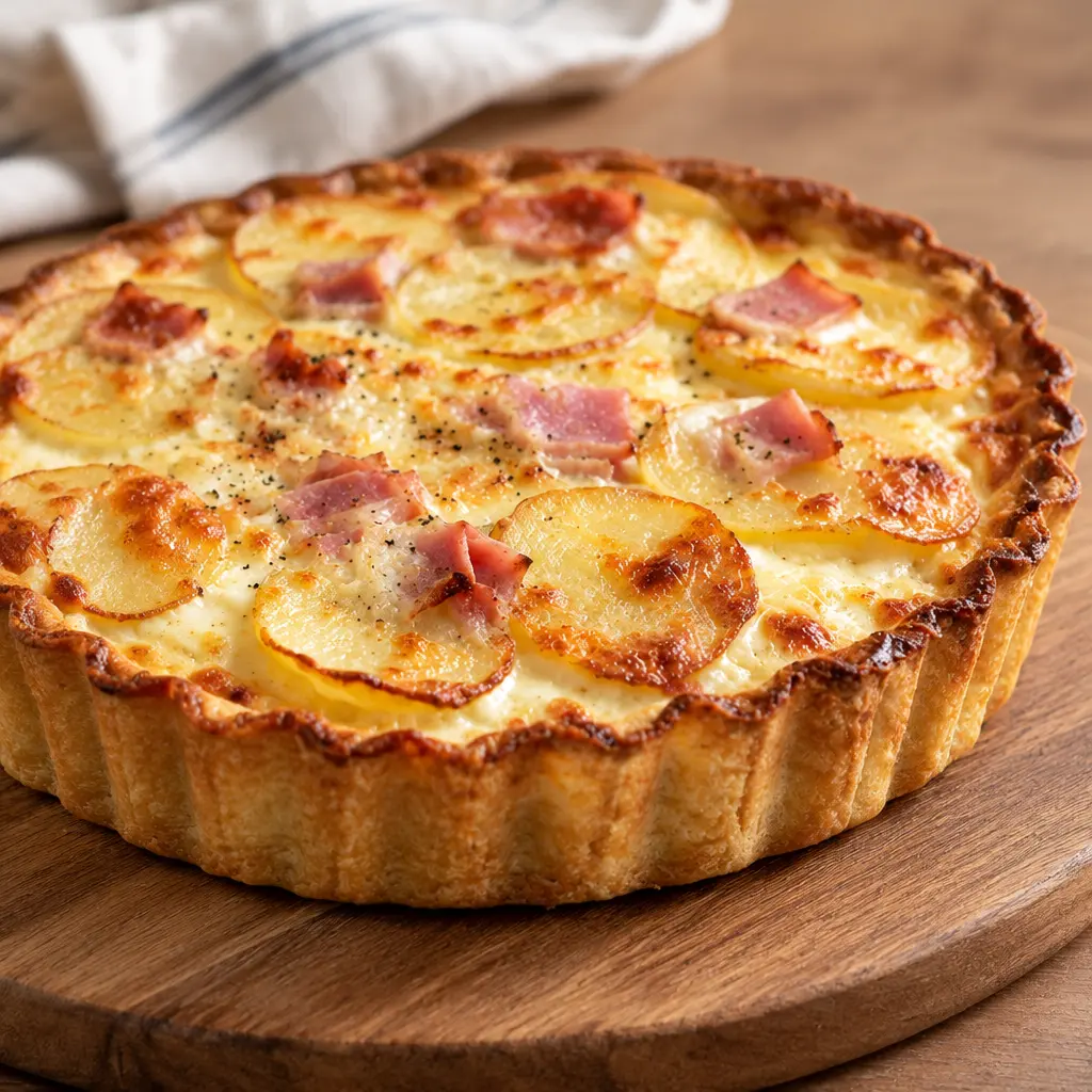 Tarte aux pommes de terre, jambon et fromage fondante
