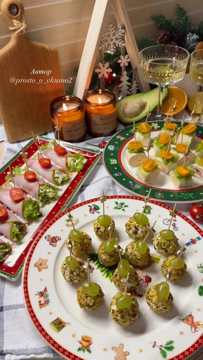 Trois amuse-bouches pour le Nouvel An : Boules de fromage frais aux pistaches, Roulés de carbonade et Roulés de tortilla