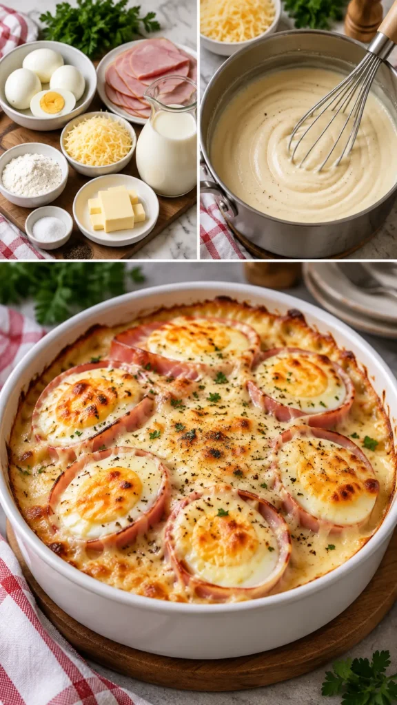 Gratin d'œufs au jambon, sauce béchamel et fromage
