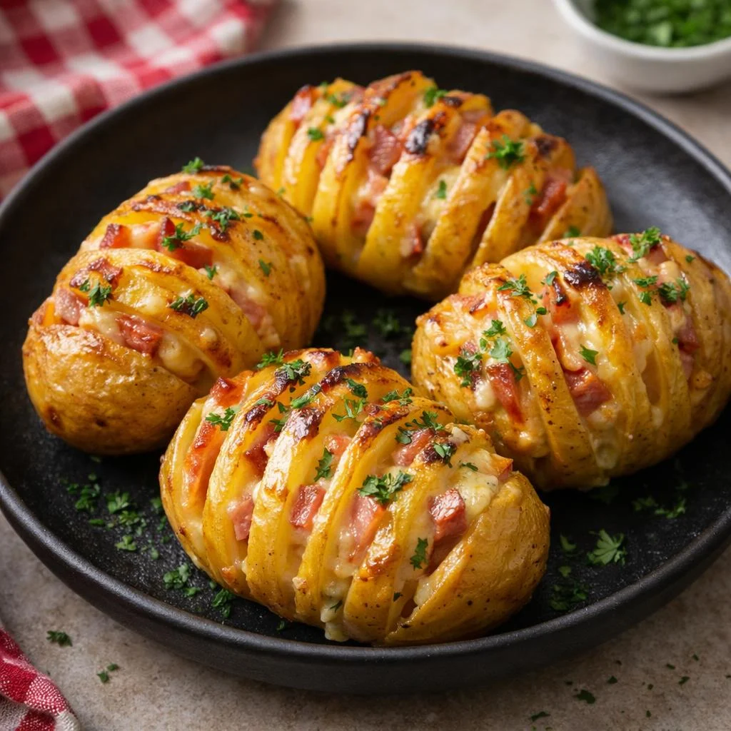 Pommes de terre farcies en spirale au fromage et lard fumé, rôties au four