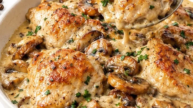 Poulet à la crème et champignons dorés