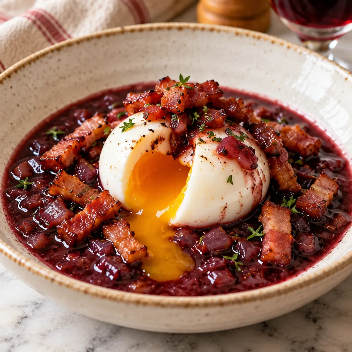 Œuf mollet en meurette, sauce bourguignonne savoureuse