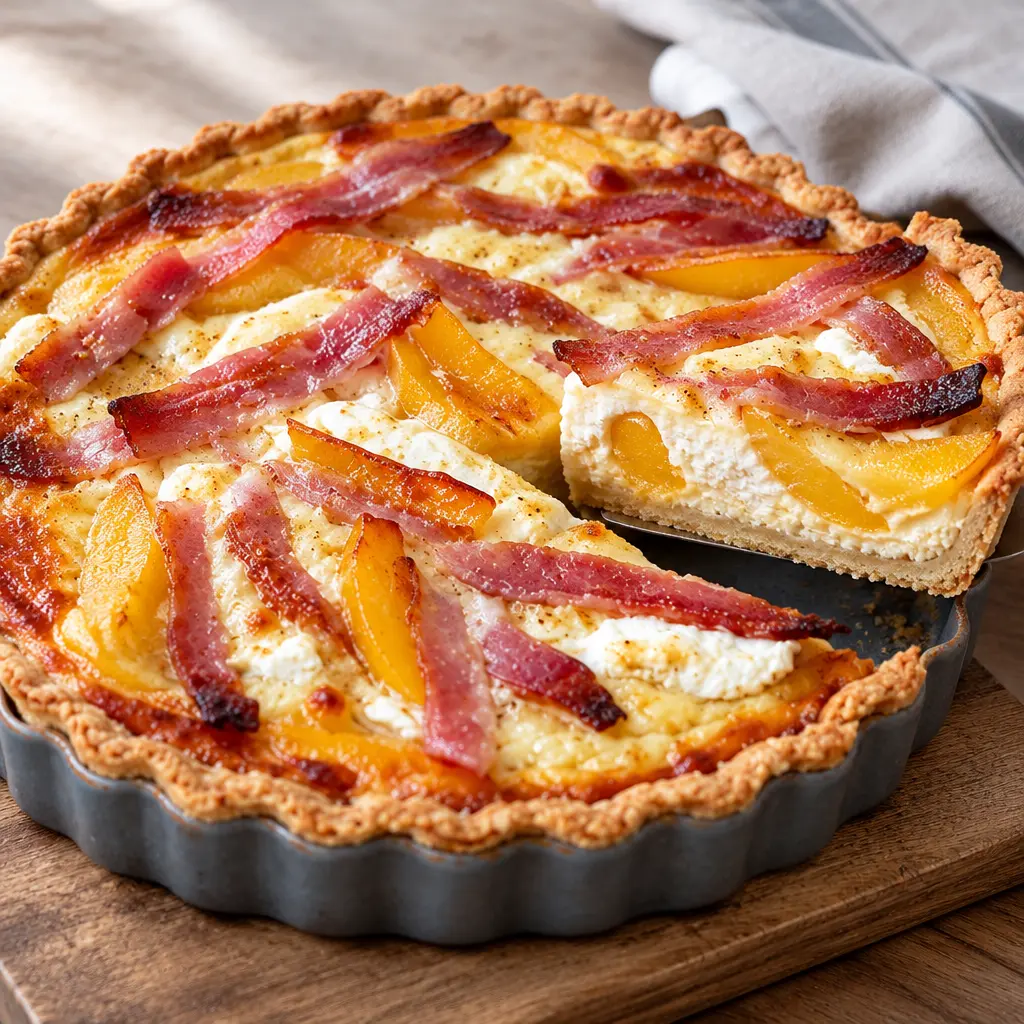 Tarte aux pêches, bacon et fromage, fondante et dorée