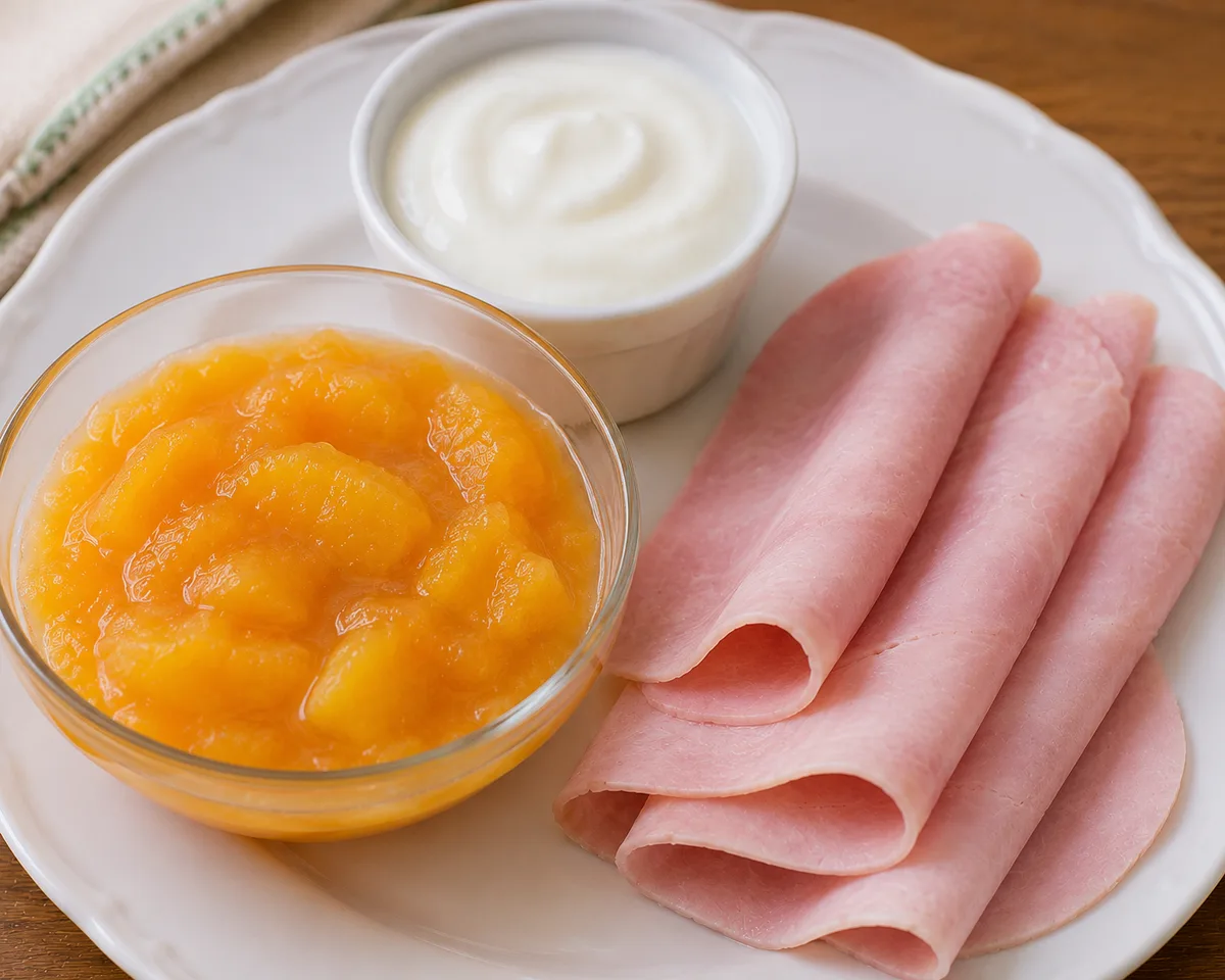 Compote de pêches d'été épluchées, yaourt nature et jambon blanc froid