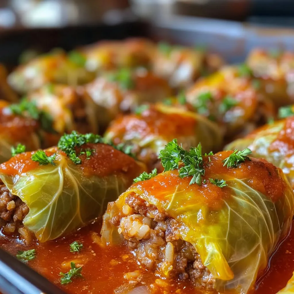 Choux farcis au bœuf et riz, gratinés à la sauce tomate