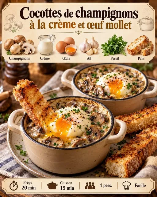 Cocottes de champignons à la crème et œuf mollet