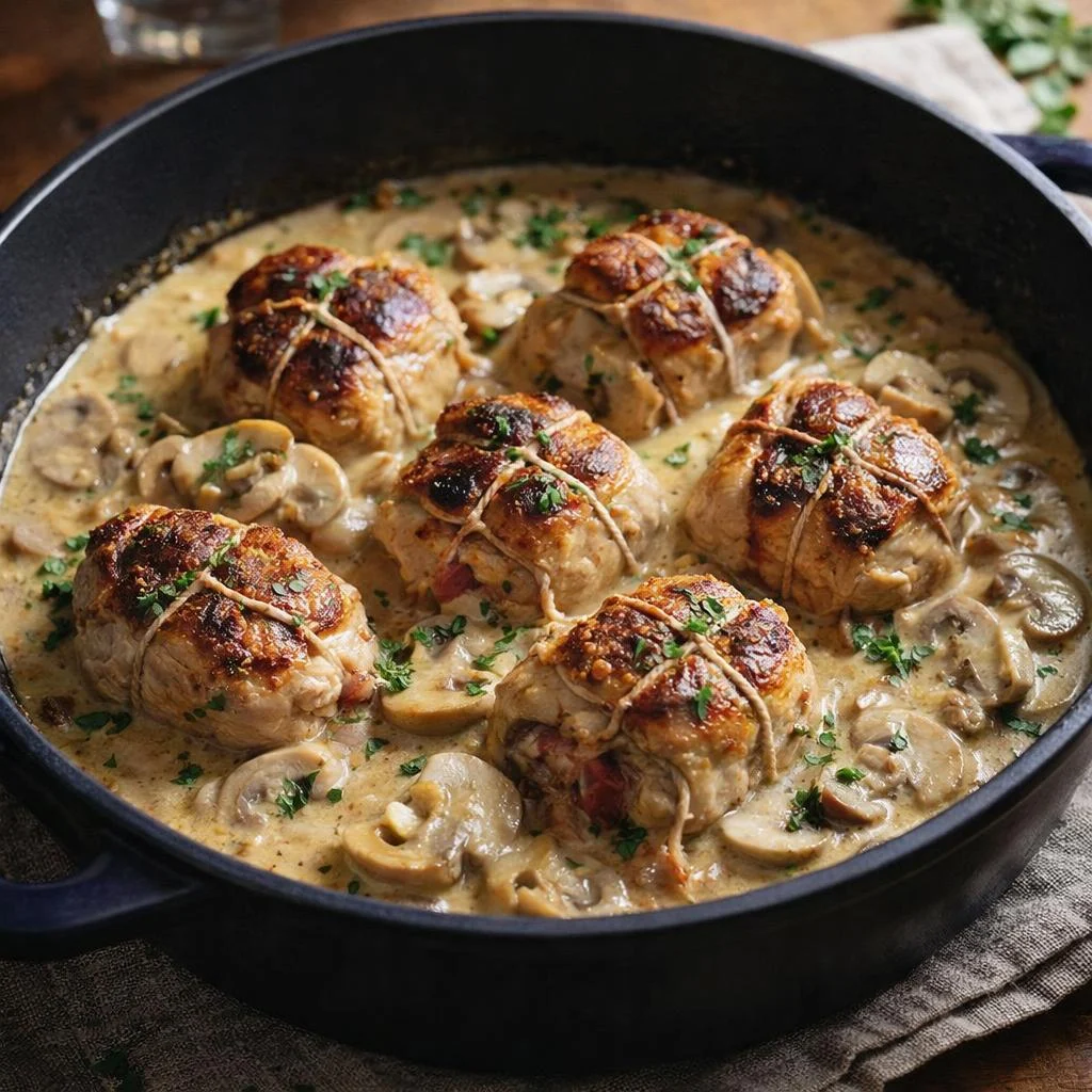 Paupiettes de porc à la forestière : sauce crémeuse