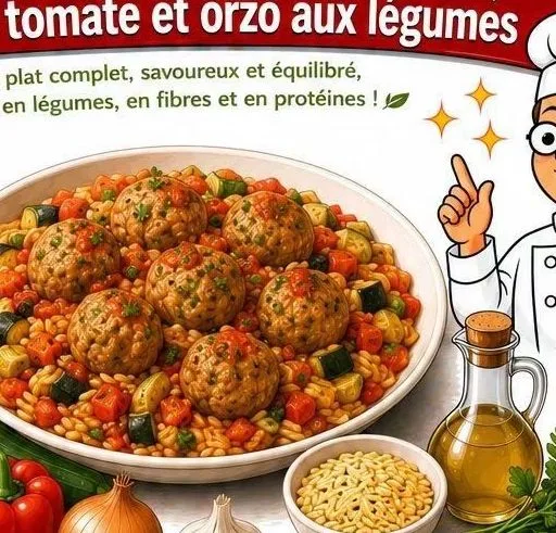 Boulettes de dinde aux herbes, sauce tomate et orzo aux légumes