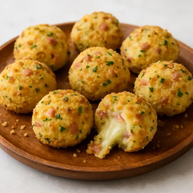 Boulettes de pommes de terre au jambon, mozzarella et herbes (sans frite)