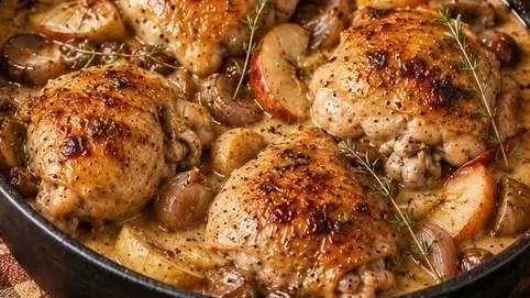 Poulet aux pommes, châtaignes & sauce au Calvados