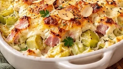 Gratin fondant aux poireaux - Jambon, Boursin et Amandes